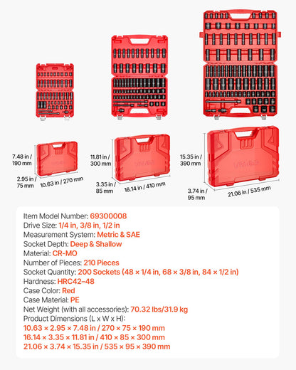 210 Piece Drive Impact Socket Set, 1/4, 3/8, 1/2 Inch, 6 Point Deep & Shallow Impact Sockets, SAE (3/16 to 1-1/4 in) and Metric (4 to 32 mm) Sizes with Extension Bars, Cr-V Steel, Carrying Case