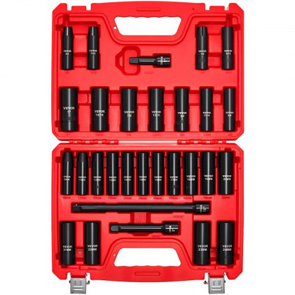 1/2 in Drive Impact Socket Set, 29 Piece, 6 Point Deep Impact Sockets, SAE (3/8 to 1 inch) and Metric (10 to 24 mm) Sizes with Extension Bars (3, 5, 10 in), Cr-V Steel, Heavy Duty Carrying Case