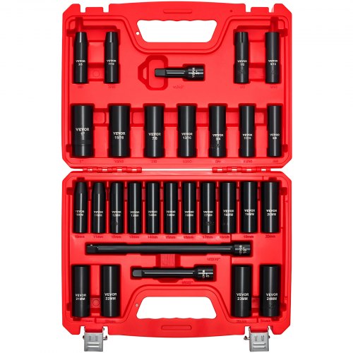 1/2 in Drive Impact Socket Set, 29 Piece, 6 Point Deep Impact Sockets, SAE (3/8 to 1 inch) and Metric (10 to 24 mm) Sizes with Extension Bars (3, 5, 10 in), Cr-V Steel, Heavy Duty Carrying Case