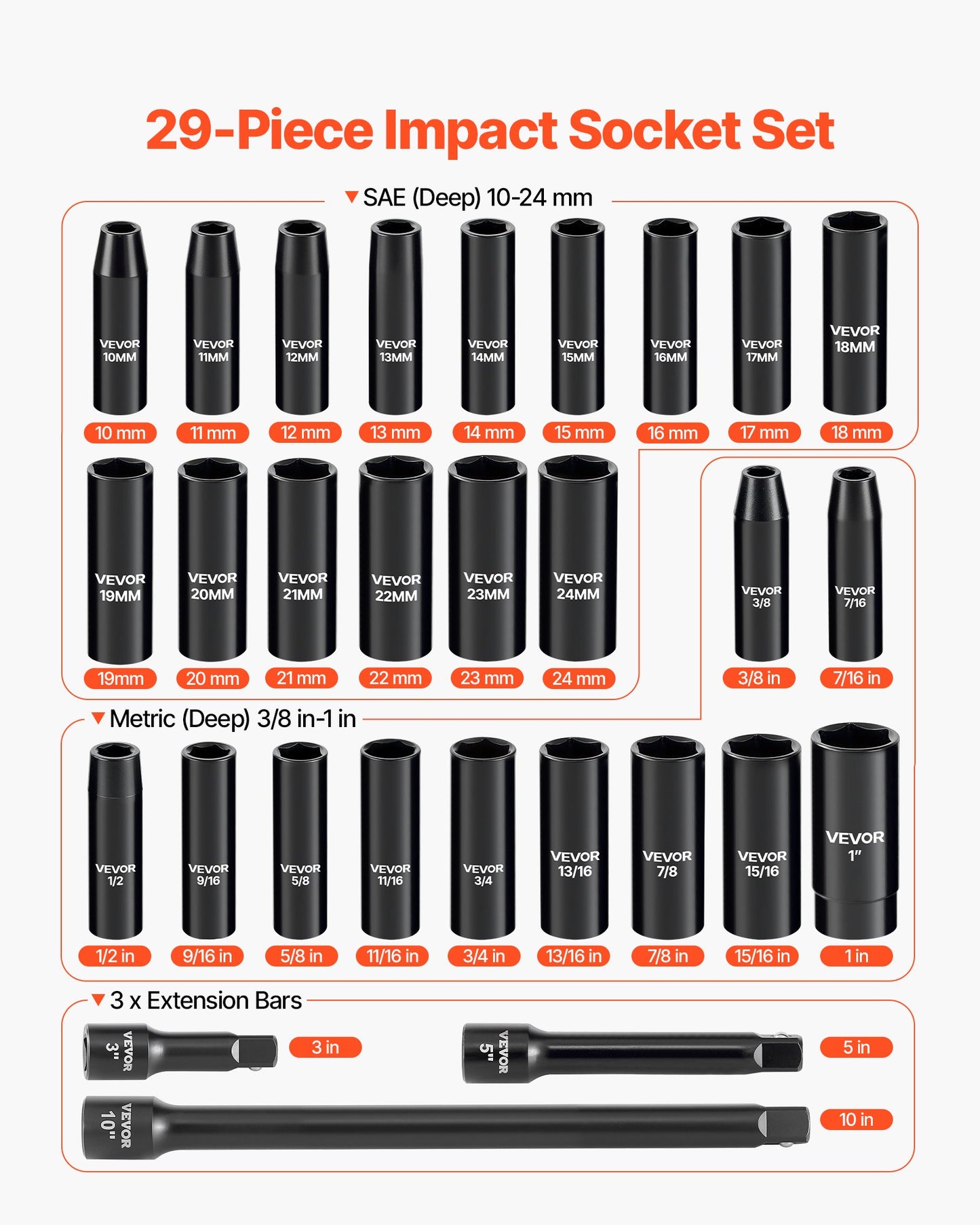 1/2 in Drive Impact Socket Set, 29 Piece, 6 Point Deep Impact Sockets, SAE (3/8 to 1 inch) and Metric (10 to 24 mm) Sizes with Extension Bars (3, 5, 10 in), Cr-V Steel, Heavy Duty Carrying Case