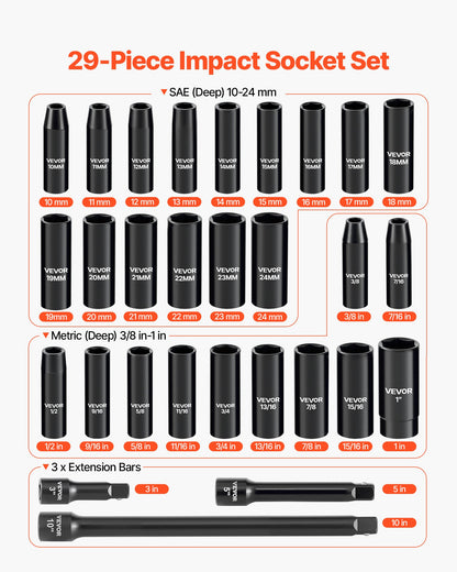 1/2 in Drive Impact Socket Set, 29 Piece, 6 Point Deep Impact Sockets, SAE (3/8 to 1 inch) and Metric (10 to 24 mm) Sizes with Extension Bars (3, 5, 10 in), Cr-V Steel, Heavy Duty Carrying Case