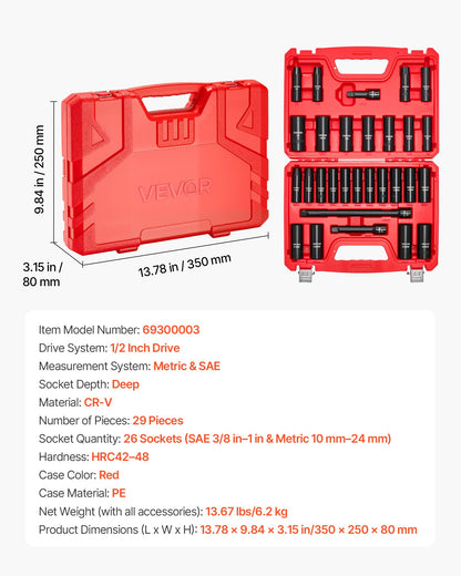 1/2 in Drive Impact Socket Set, 29 Piece, 6 Point Deep Impact Sockets, SAE (3/8 to 1 inch) and Metric (10 to 24 mm) Sizes with Extension Bars (3, 5, 10 in), Cr-V Steel, Heavy Duty Carrying Case