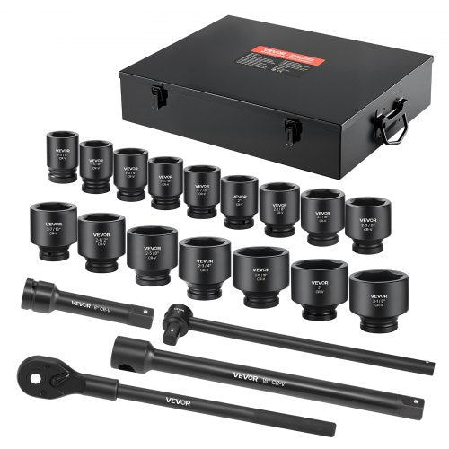1 in Drive Impact Socket Set, 21 Piece, 6 Point Shallow Impact Sockets, SAE (1-5/8 in to 3-1/8 in), with 8 in & 18 in Extension Bars, 24 in Ratchet, Cr-V Steel, Size Marking, and Carrying Case