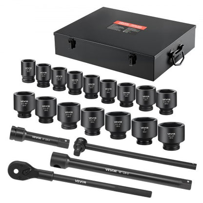 1 in Drive Impact Socket Set, 21 Piece, 6 Point Shallow Impact Sockets, SAE (1-5/8 in to 3-1/8 in), with 8 in & 18 in Extension Bars, 24 in Ratchet, Cr-V Steel, Size Marking, and Carrying Case