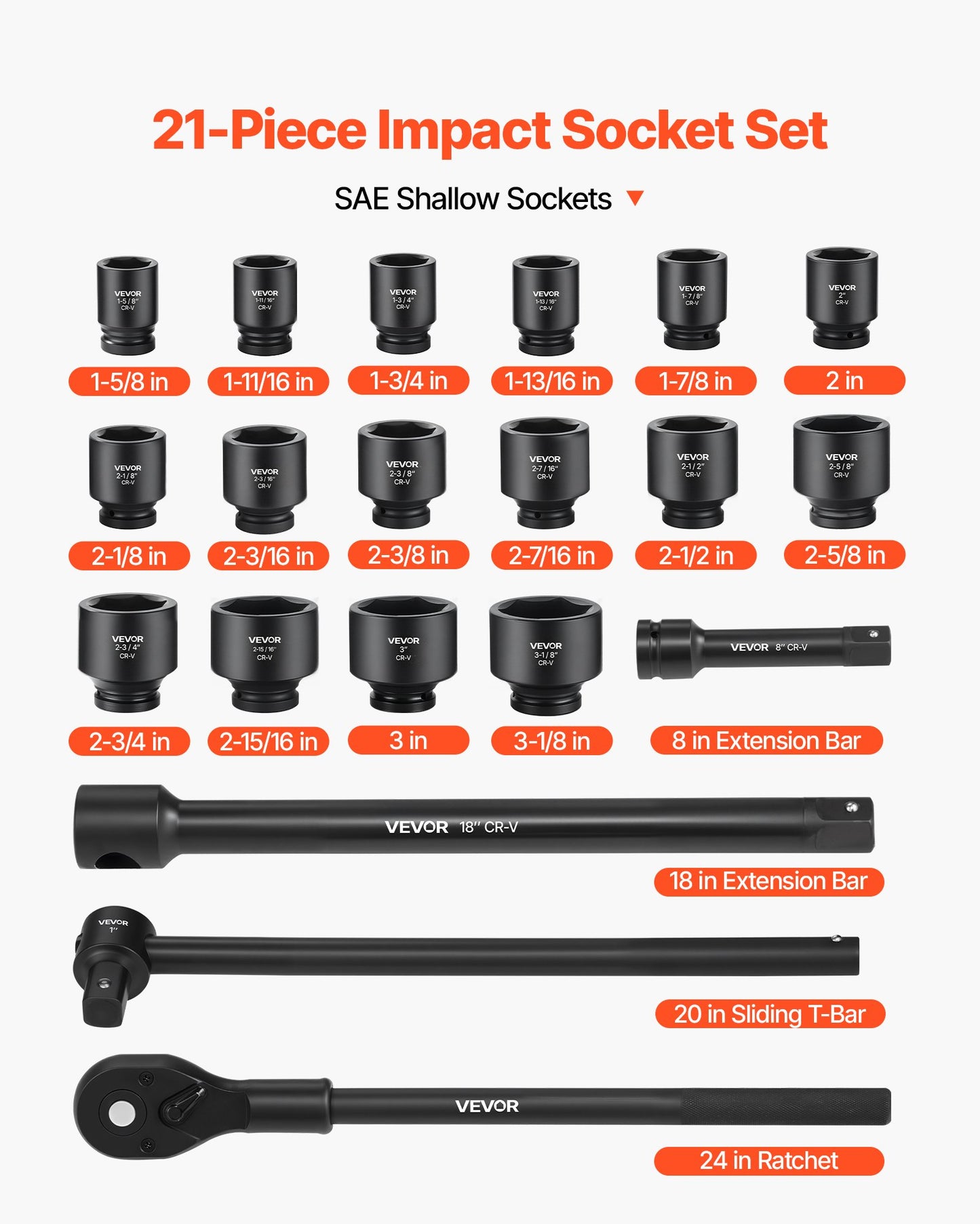 1 in Drive Impact Socket Set, 21 Piece, 6 Point Shallow Impact Sockets, SAE (1-5/8 in to 3-1/8 in), with 8 in & 18 in Extension Bars, 24 in Ratchet, Cr-V Steel, Size Marking, and Carrying Case