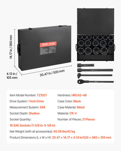 1 in Drive Impact Socket Set, 21 Piece, 6 Point Shallow Impact Sockets, SAE (1-5/8 in to 3-1/8 in), with 8 in & 18 in Extension Bars, 24 in Ratchet, Cr-V Steel, Size Marking, and Carrying Case