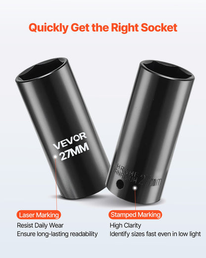 1/2 in Drive Impact Socket Set, 39 Piece, 6 Point Deep & Shallow Impact Sockets, Metric 9 to 30 mm, Cr-V Steel High Durability, with Universal Joint, Dual Size Markings, Heavy Duty Carrying Case