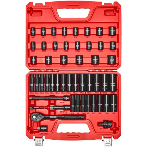 3/8 in Drive Impact Socket Set, 50 Piece, 6 Point Deep & Shallow Impact Sockets, SAE (5/16 in to 3/4 in) and Metric (8 to 22 mm) Sizes with 3 in & 6 in Extension Bars, Cr-V Steel, Carrying Case