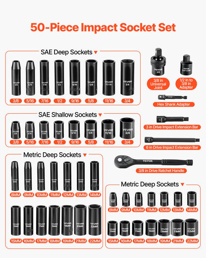3/8 in Drive Impact Socket Set, 50 Piece, 6 Point Deep & Shallow Impact Sockets, SAE (5/16 in to 3/4 in) and Metric (8 to 22 mm) Sizes with 3 in & 6 in Extension Bars, Cr-V Steel, Carrying Case