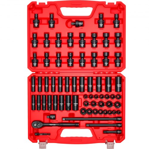3/8 in Drive Impact Socket Set, 67 Piece, 6 Point Shallow & Deep Impact Sockets, SAE (5/16 in to 3/4 in) and Metric (8 mm to 19 mm), Swivel Sockets, Adapters, Cr-V & Cr-Mo Steel, Carrying Case