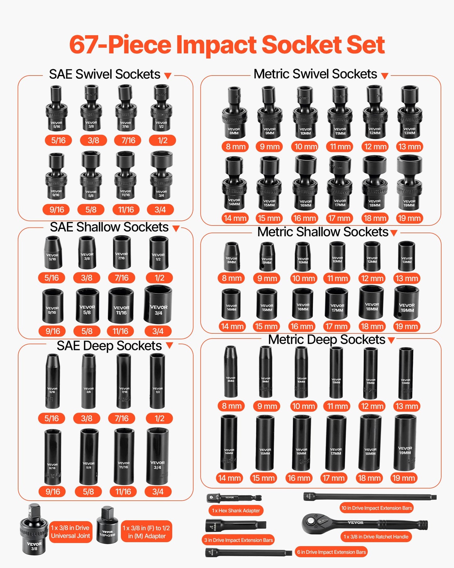 3/8 in Drive Impact Socket Set, 67 Piece, 6 Point Shallow & Deep Impact Sockets, SAE (5/16 in to 3/4 in) and Metric (8 mm to 19 mm), Swivel Sockets, Adapters, Cr-V & Cr-Mo Steel, Carrying Case