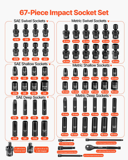 3/8 in Drive Impact Socket Set, 67 Piece, 6 Point Shallow & Deep Impact Sockets, SAE (5/16 in to 3/4 in) and Metric (8 mm to 19 mm), Swivel Sockets, Adapters, Cr-V & Cr-Mo Steel, Carrying Case