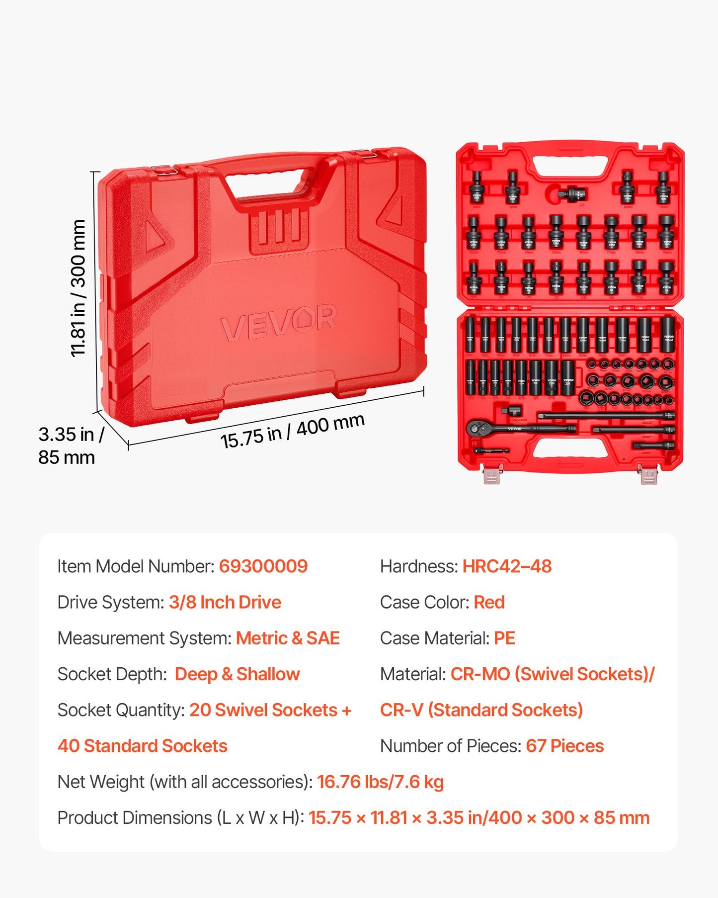 3/8 in Drive Impact Socket Set, 67 Piece, 6 Point Shallow & Deep Impact Sockets, SAE (5/16 in to 3/4 in) and Metric (8 mm to 19 mm), Swivel Sockets, Adapters, Cr-V & Cr-Mo Steel, Carrying Case