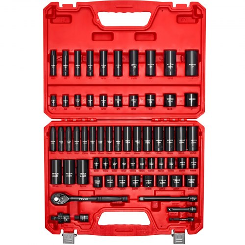 3/8 in Drive Impact Socket Set, 64 Piece, 6 Point Deep & Shallow Impact Sockets, SAE (5/16 in to 1 in) and Metric (6 to 24 mm) Sizes with 3 in & 6 in Extension Bars, Cr-V Steel, Carrying Case