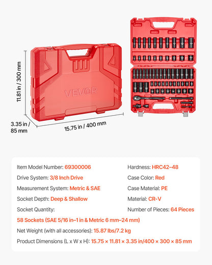 3/8 in Drive Impact Socket Set, 64 Piece, 6 Point Deep & Shallow Impact Sockets, SAE (5/16 in to 1 in) and Metric (6 to 24 mm) Sizes with 3 in & 6 in Extension Bars, Cr-V Steel, Carrying Case