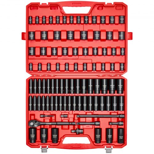 1/2 in Drive Impact Socket Set, 91 Piece, 6 Point Deep & Shallow Impact Sockets, SAE (5/16 to 1-1/4 in) and Metric (8 to 32 mm) Sizes with Extension Bars (3, 5, 10 in), Cr-V Steel, Carrying Case