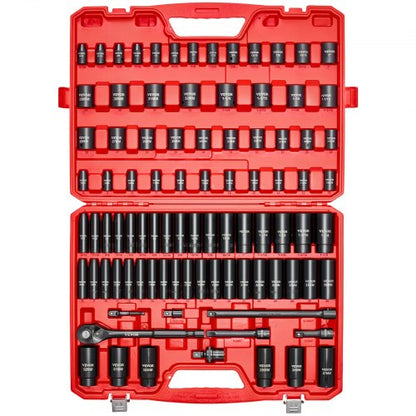 1/2 in Drive Impact Socket Set, 91 Piece, 6 Point Deep & Shallow Impact Sockets, SAE (5/16 to 1-1/4 in) and Metric (8 to 32 mm) Sizes with Extension Bars (3, 5, 10 in), Cr-V Steel, Carrying Case