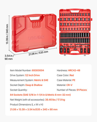 1/2 in Drive Impact Socket Set, 91 Piece, 6 Point Deep & Shallow Impact Sockets, SAE (5/16 to 1-1/4 in) and Metric (8 to 32 mm) Sizes with Extension Bars (3, 5, 10 in), Cr-V Steel, Carrying Case