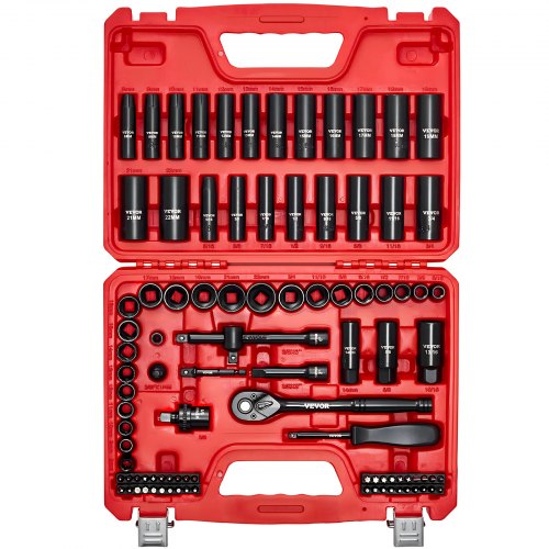 3/8 in Drive Impact Socket Set, 96 Piece, 6 Point Deep & Shallow Impact Sockets, SAE (5/16 in to 3/4 in) and Metric (8 to 22 mm) Sizes with 3 in & 6 in Extension Bars, Cr-V Steel, Carrying Case