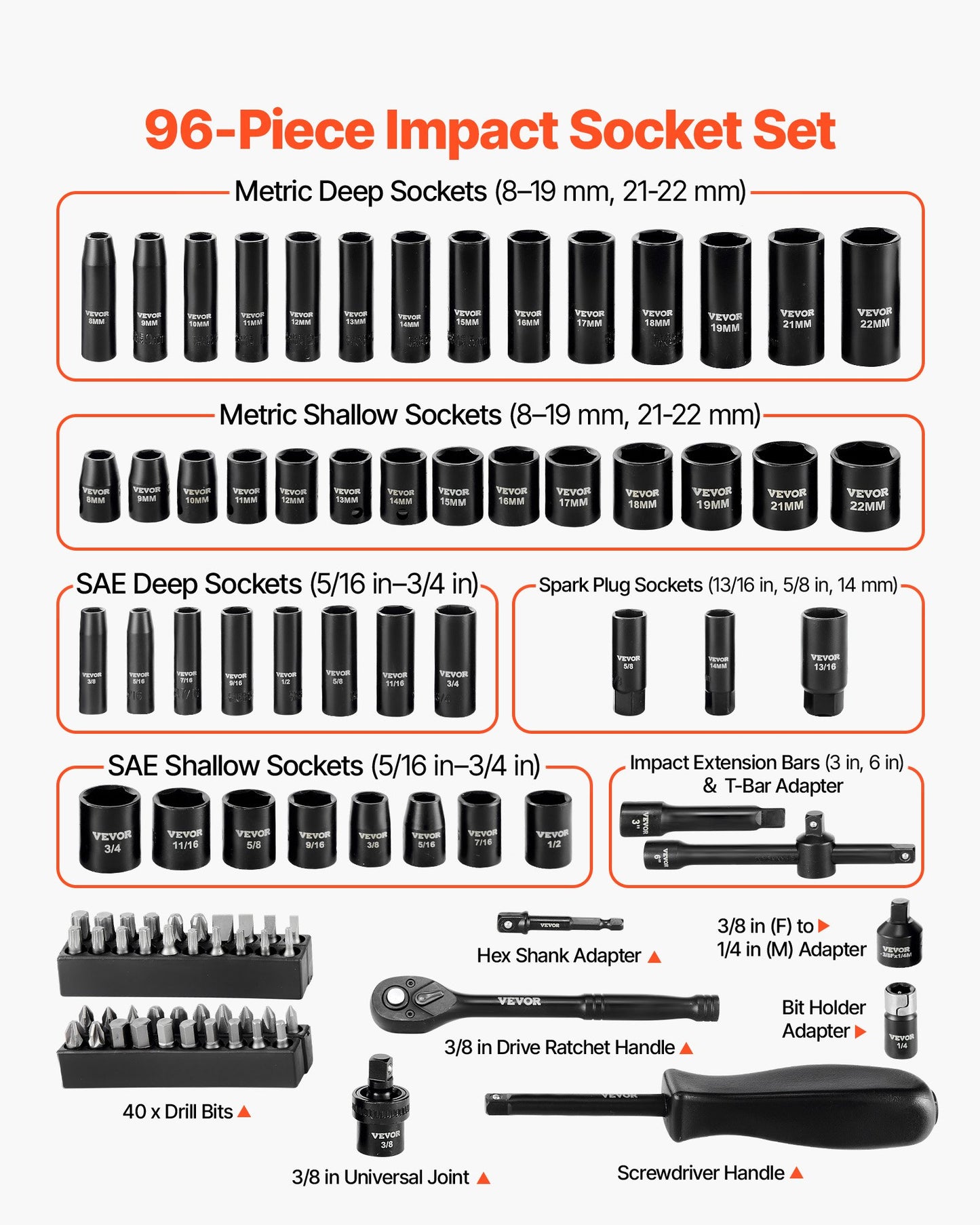 3/8 in Drive Impact Socket Set, 96 Piece, 6 Point Deep & Shallow Impact Sockets, SAE (5/16 in to 3/4 in) and Metric (8 to 22 mm) Sizes with 3 in & 6 in Extension Bars, Cr-V Steel, Carrying Case