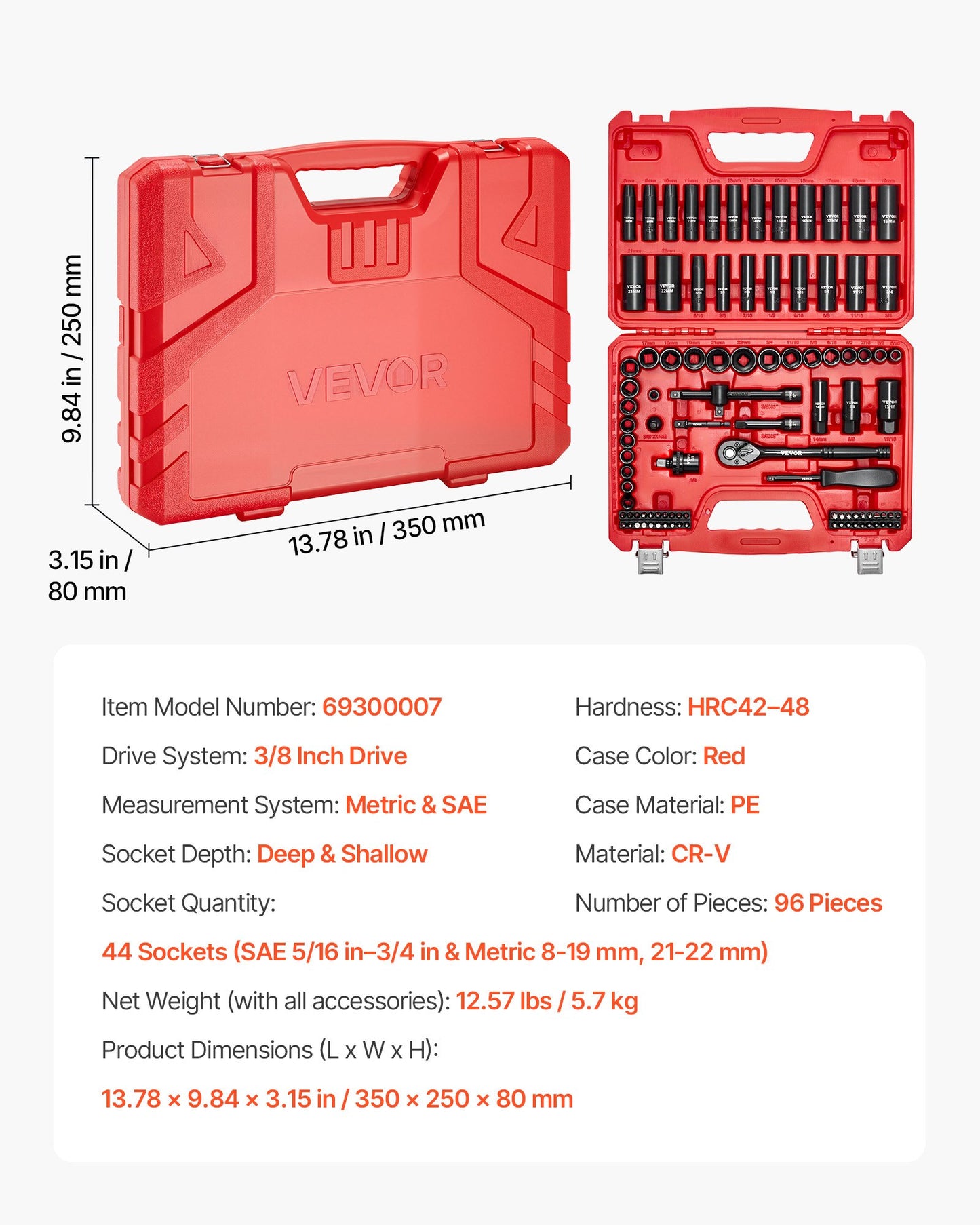 3/8 in Drive Impact Socket Set, 96 Piece, 6 Point Deep & Shallow Impact Sockets, SAE (5/16 in to 3/4 in) and Metric (8 to 22 mm) Sizes with 3 in & 6 in Extension Bars, Cr-V Steel, Carrying Case