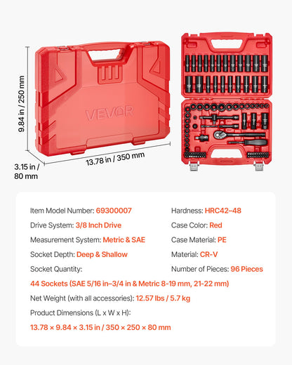 3/8 in Drive Impact Socket Set, 96 Piece, 6 Point Deep & Shallow Impact Sockets, SAE (5/16 in to 3/4 in) and Metric (8 to 22 mm) Sizes with 3 in & 6 in Extension Bars, Cr-V Steel, Carrying Case