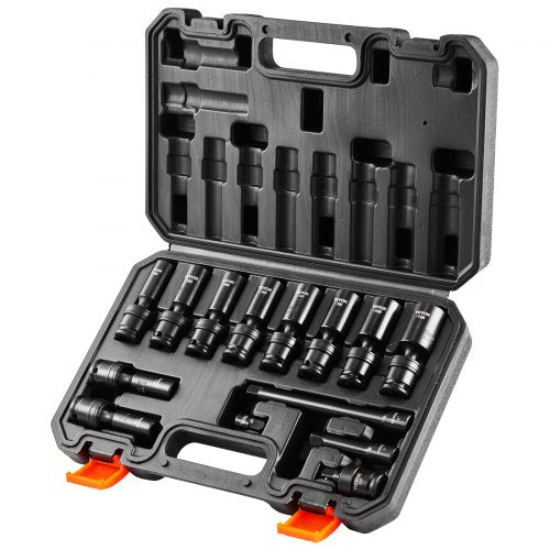 360 Degree Swivel Impact Socket Set, 3/8" Socket Set 14PCS Deep Universal Metric 10-19mm, 6 Point Cr-Mo Alloy Steel for Auto Repair, Easy-to-Read Size Markings, Rugged Construction, Storage Case