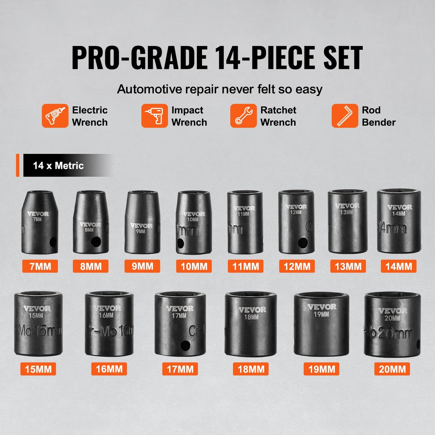 Impact Sockets Set 14st 6-Points 3/8in Drive Bit Ratchet Tool Kit Case