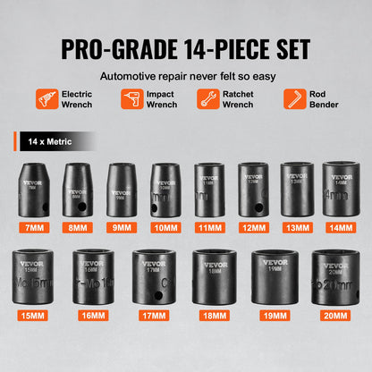 Impact Sockets Set 14st 6-Points 3/8in Drive Bit Ratchet Tool Kit Case