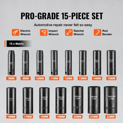 Impact Sockets Set 15st 6-Points 3/8in Drive Bit Ratchet Tool Kit Case