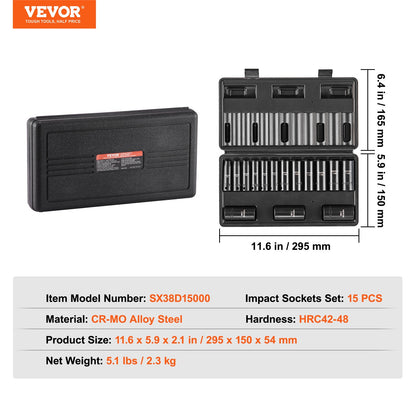 Impact Sockets Set 15st 6-Points 3/8in Drive Bit Ratchet Tool Kit Case