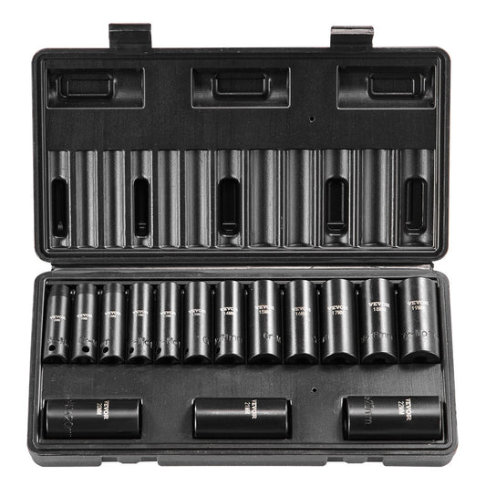 Impact Sockets Set 15st 6-Points 3/8in Drive Bit Ratchet Tool Kit Case