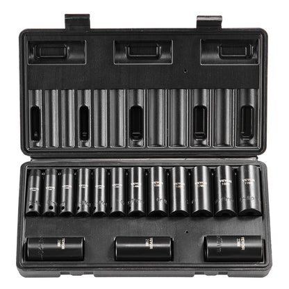 Impact Sockets Set 15st 6-Points 3/8in Drive Bit Ratchet Tool Kit Case