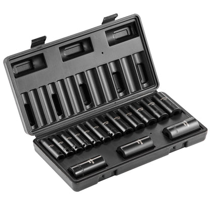Impact Sockets Set 15st 6-Points 3/8in Drive Bit Ratchet Tool Kit Case
