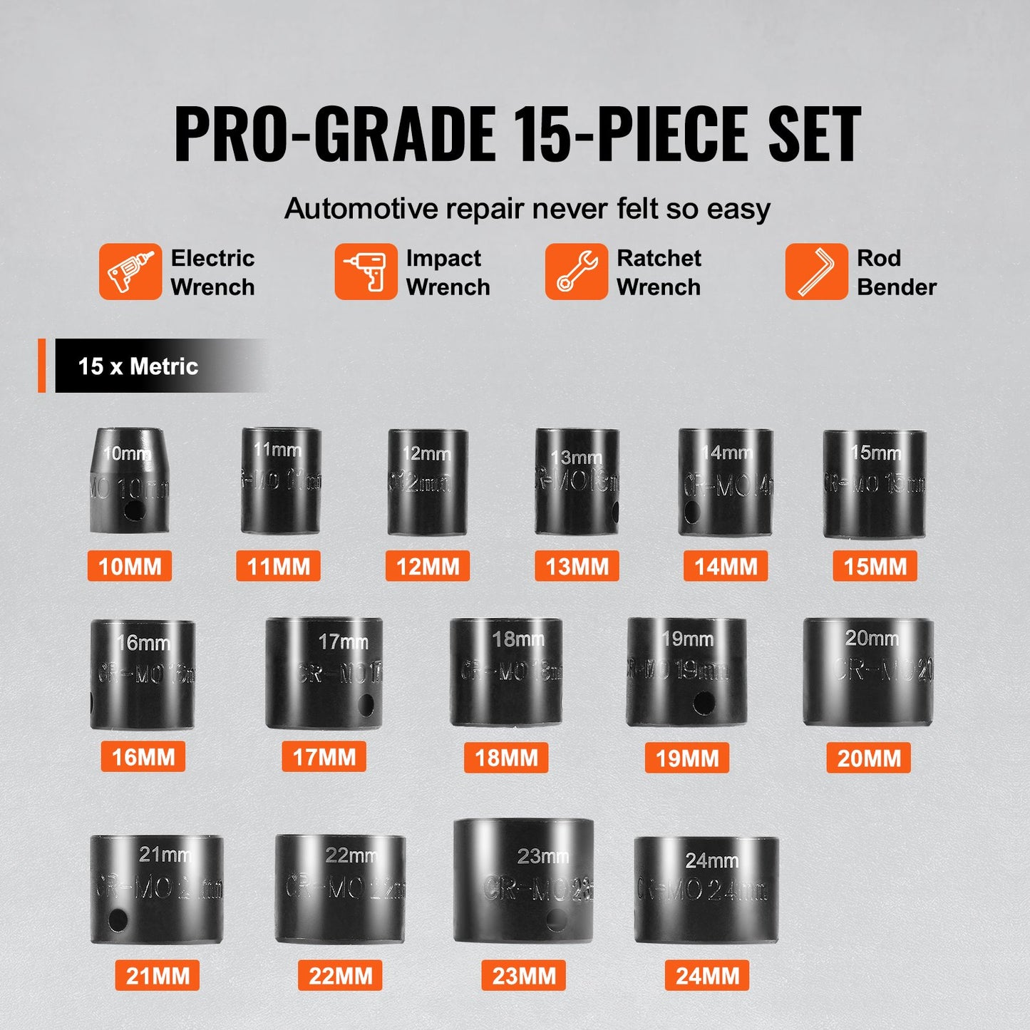 Schlagschrauber-Set, 15-teilig, 6-Punkt-Bits, 3/8-Zoll-Antrieb, Ratschen-Werkzeugsatz, 10–24 mm