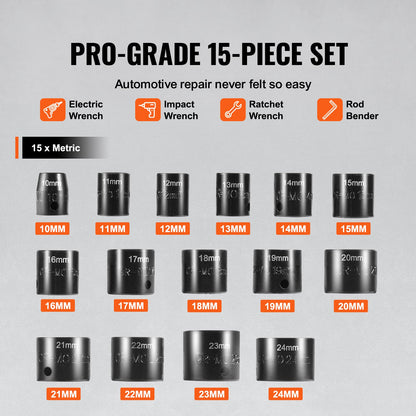 Schlagschrauber-Set, 15-teilig, 6-Punkt-Bits, 3/8-Zoll-Antrieb, Ratschen-Werkzeugsatz, 10–24 mm