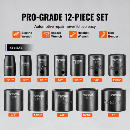 3/8" Drive Impact Socket Set, 12 Piece Shallow Socket Set SAE 5/16"-1", 6 Point Cr-Mo Alloy Steel for Auto Repair, Easy-to-Read Size Markings, Rugged Construction, Includes Storage Case