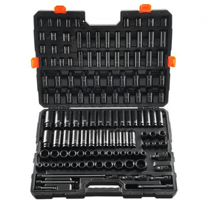 Impact Socket Set 130 Piece 3/8" & 1/2" - SAE & Metric Drive Socket Set - 6 Point Cr-Mo Alloy Steel for Auto Repair - Easy-to-Read Size Markings - Includes Storage Case