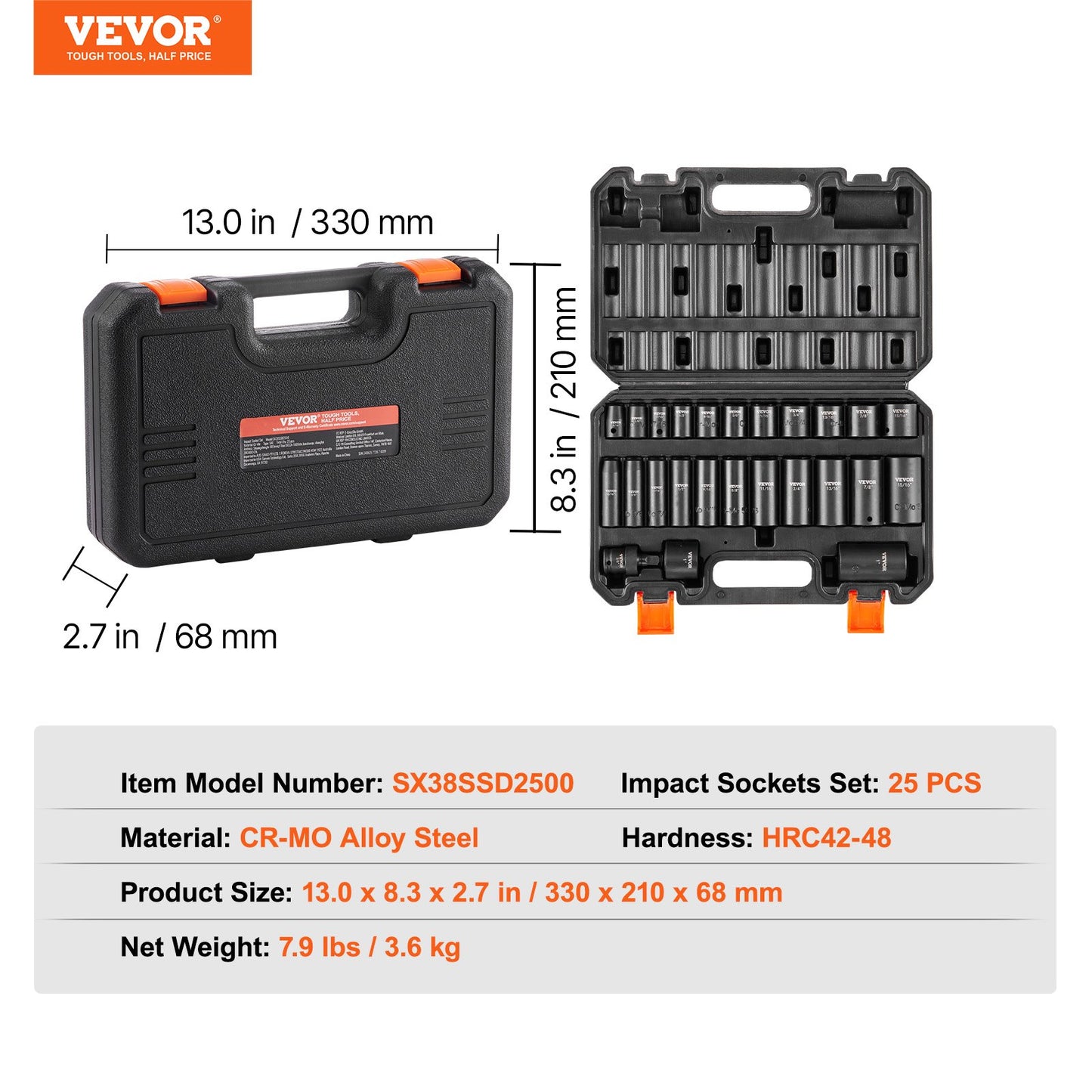3/8" Drive Impact Socket Set, 25 Piece Deep & Shallow Socket Set SAE 5/16" - 1", 6 Point Cr-Mo Alloy Steel for Auto Repair, Easy-to-Read Size Markings, Rugged Construction, Includes Storage Case