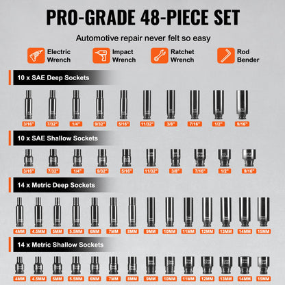 Impact Sockets Set 48st 6-Point 1/4" Drive Bit Ratchet Tool Kit Case