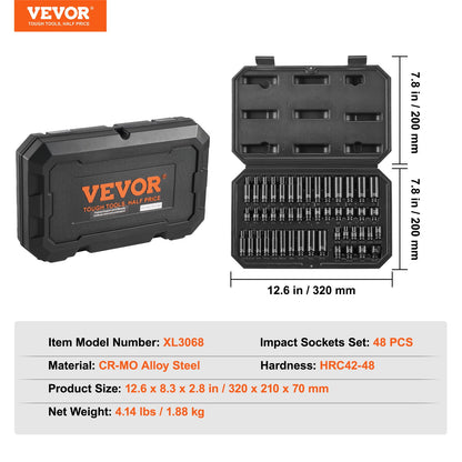 Impact Sockets Set 48st 6-Point 1/4" Drive Bit Ratchet Tool Kit Case