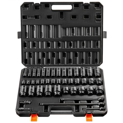 1/2" Drive Impact Socket Set, 43 Piece Deep & Shallow Socket Set SAE 3/8" to 1-1/2", 6 Point Cr-Mo Alloy Steel for Auto Repair, Easy-to-Read Size Markings, Rugged Construction, Storage Case