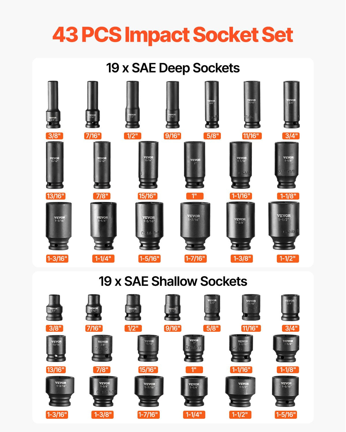 1/2" Drive Impact Socket Set, 43 Piece Deep & Shallow Socket Set SAE 3/8" to 1-1/2", 6 Point Cr-Mo Alloy Steel for Auto Repair, Easy-to-Read Size Markings, Rugged Construction, Storage Case