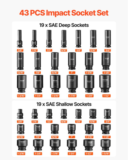 1/2" Drive Impact Socket Set, 43 Piece Deep & Shallow Socket Set SAE 3/8" to 1-1/2", 6 Point Cr-Mo Alloy Steel for Auto Repair, Easy-to-Read Size Markings, Rugged Construction, Storage Case