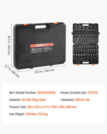 1/2" Drive Impact Socket Set, 43 Piece Deep & Shallow Socket Set SAE 3/8" to 1-1/2", 6 Point Cr-Mo Alloy Steel for Auto Repair, Easy-to-Read Size Markings, Rugged Construction, Storage Case