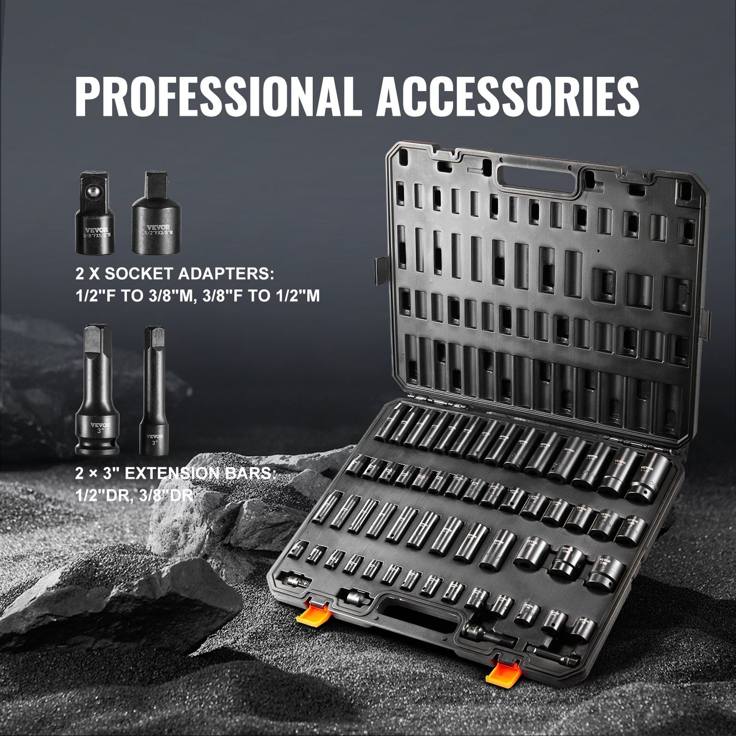 Impact Sockets Set 59st 6-Point 3/8" & 1/2" Drive Bit Ratchet Tool Kit