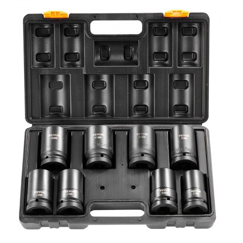 1" Drive Impact Socket Set, 8 Piece Deep Socket Set Metric 27-41mm, 6 Point Cr-Mo Alloy Steel for Auto Repair, Easy-to-Read Size Markings, Rugged Construction, Includes Storage Case