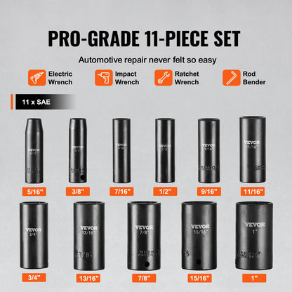 3/8" Drive Impact Socket Set, 11 Piece Deep Socket Set SAE 5/16"-1", 6 Point CR-V Alloy Steel for Auto Repair, Easy-to-Read Size Markings, Rugged Construction, Includes Storage Case