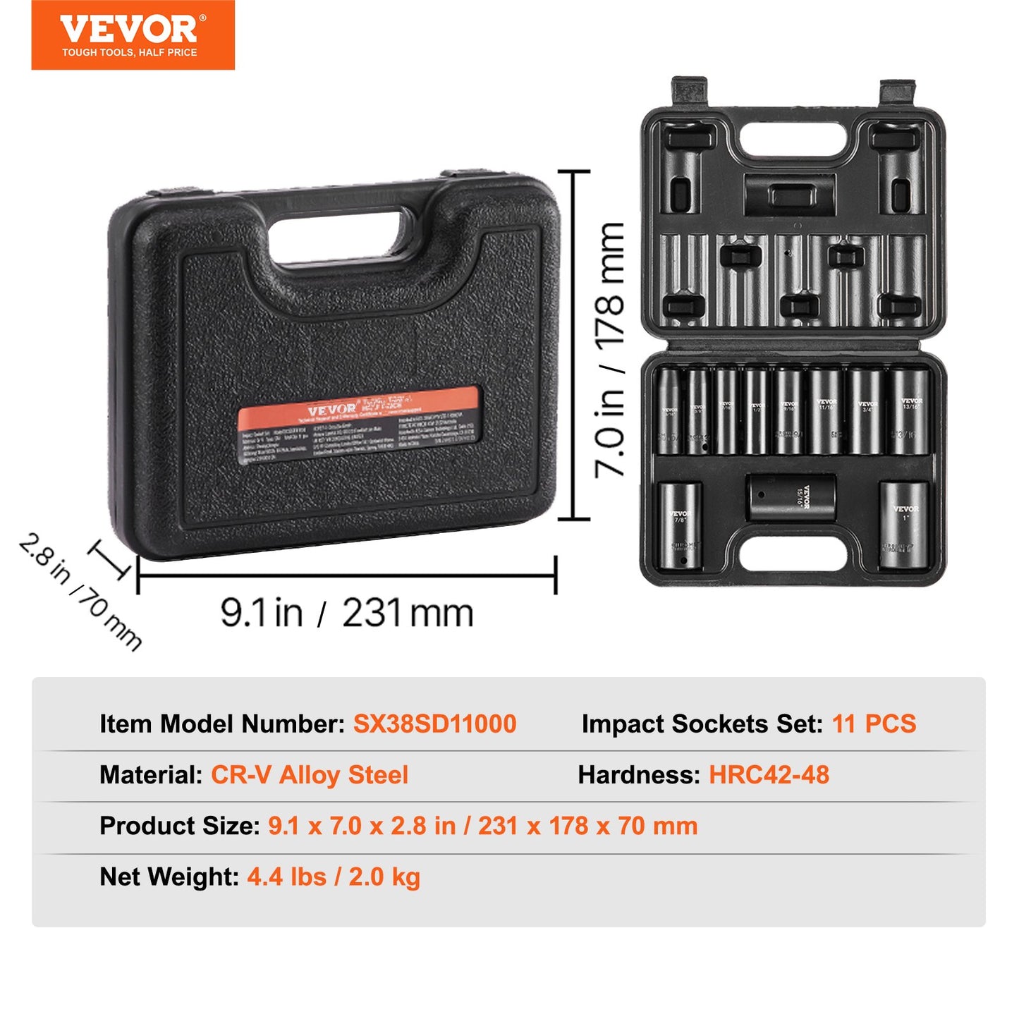 3/8" Drive Impact Socket Set, 11 Piece Deep Socket Set SAE 5/16"-1", 6 Point CR-V Alloy Steel for Auto Repair, Easy-to-Read Size Markings, Rugged Construction, Includes Storage Case