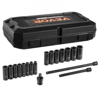 Impact Sockets Set 18pcs 6-Point 3/8" Drive Bit Ratchet Tool Kit Case